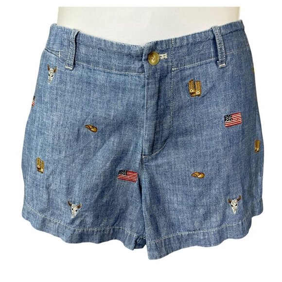 Polo Ralph Lauren Embroidered Chambray Shorts Pockets Western Embroidery  Size 8 - Picture 1 of 5